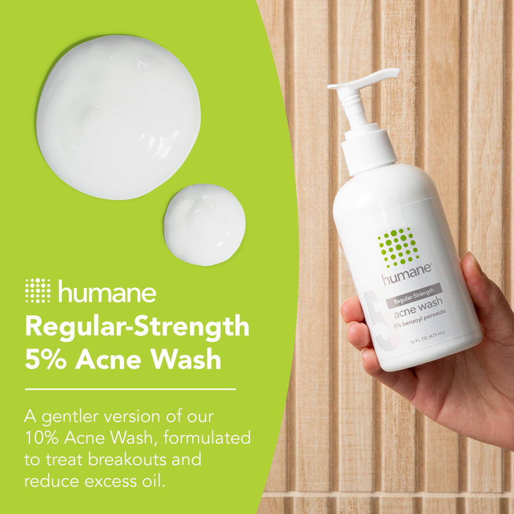 Humane benzoyl peroxide face wash non-foaming texture on damp skin for gentle cleansing