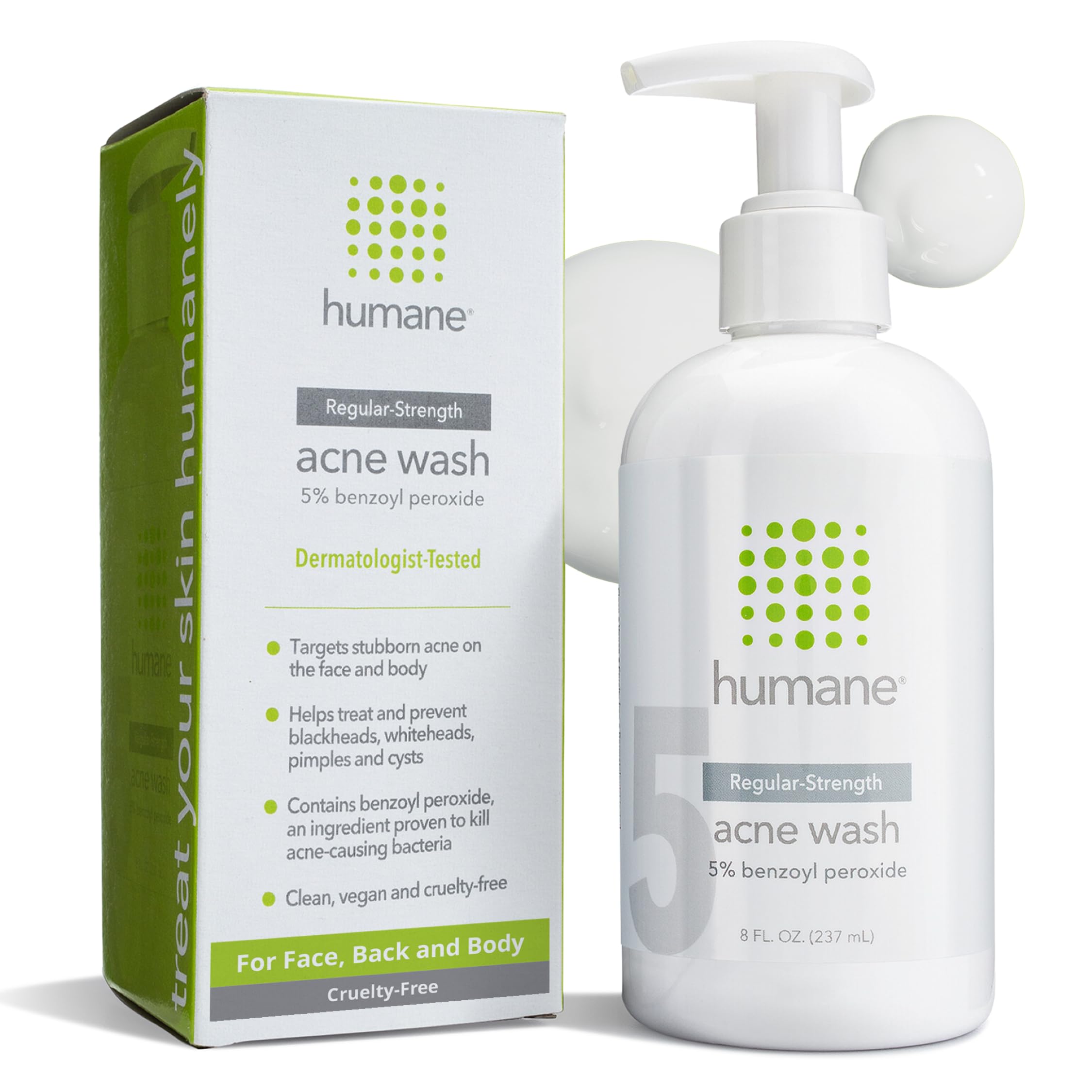 Humane benzoyl peroxide face wash regular-strength bottle helps control oil and clear impurities