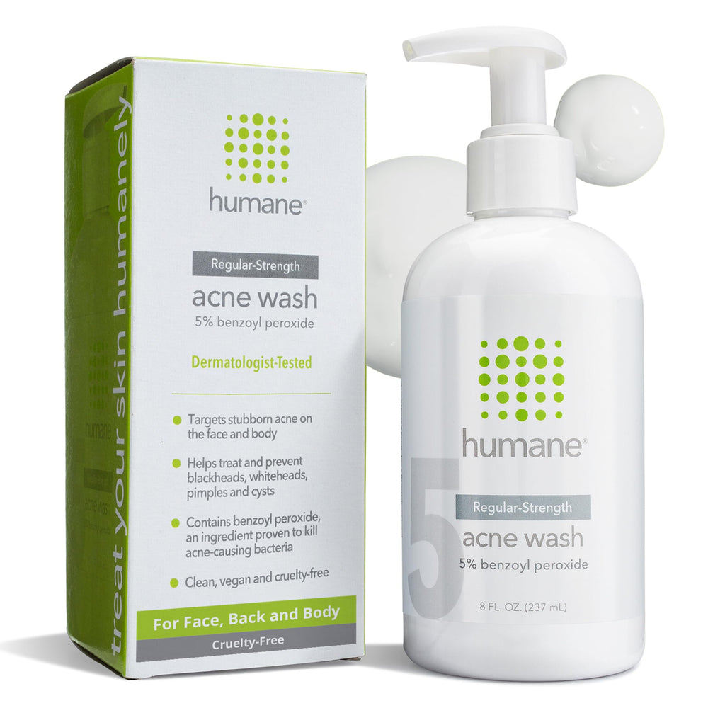 Humane benzoyl peroxide face wash regular-strength bottle helps control oil and clear impurities