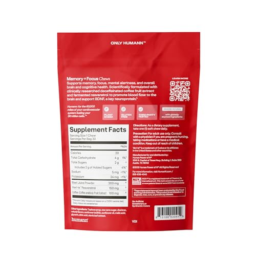 Humann Memory and Focus Chews blueberry pomegranate close-up, vibrant color.