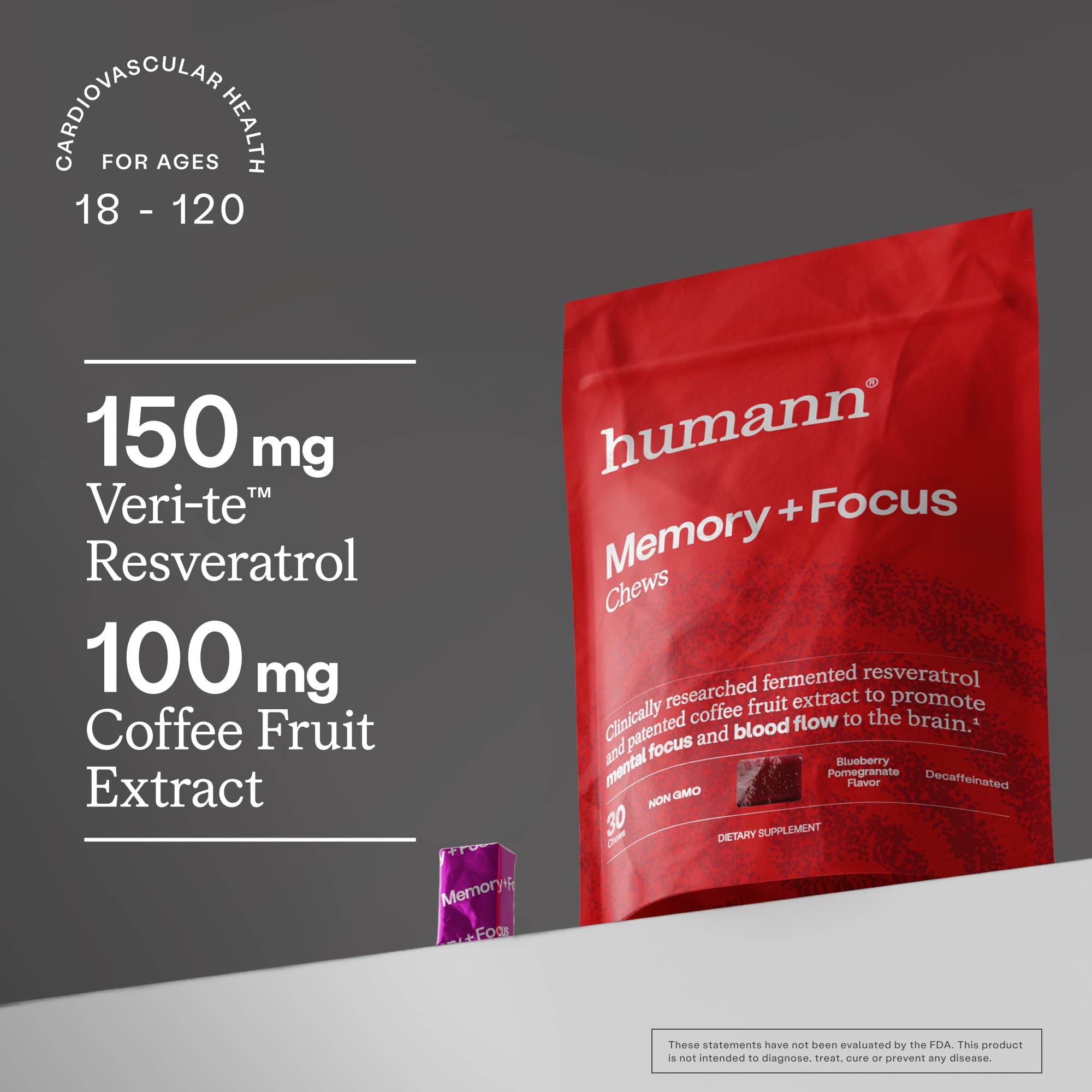 Humann Memory and Focus Chews bottle on shelf, plant-based formula.