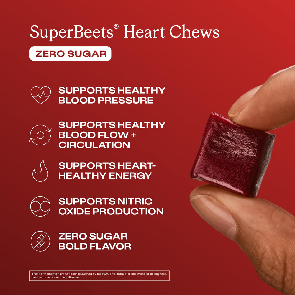 Humann SuperBeets Heart Chews with beetroot powder ingredient imagery for natural support.