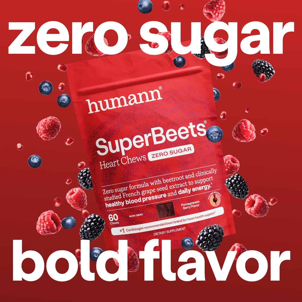 Humann SuperBeets Heart Chews bottle label highlights grape seed extract.