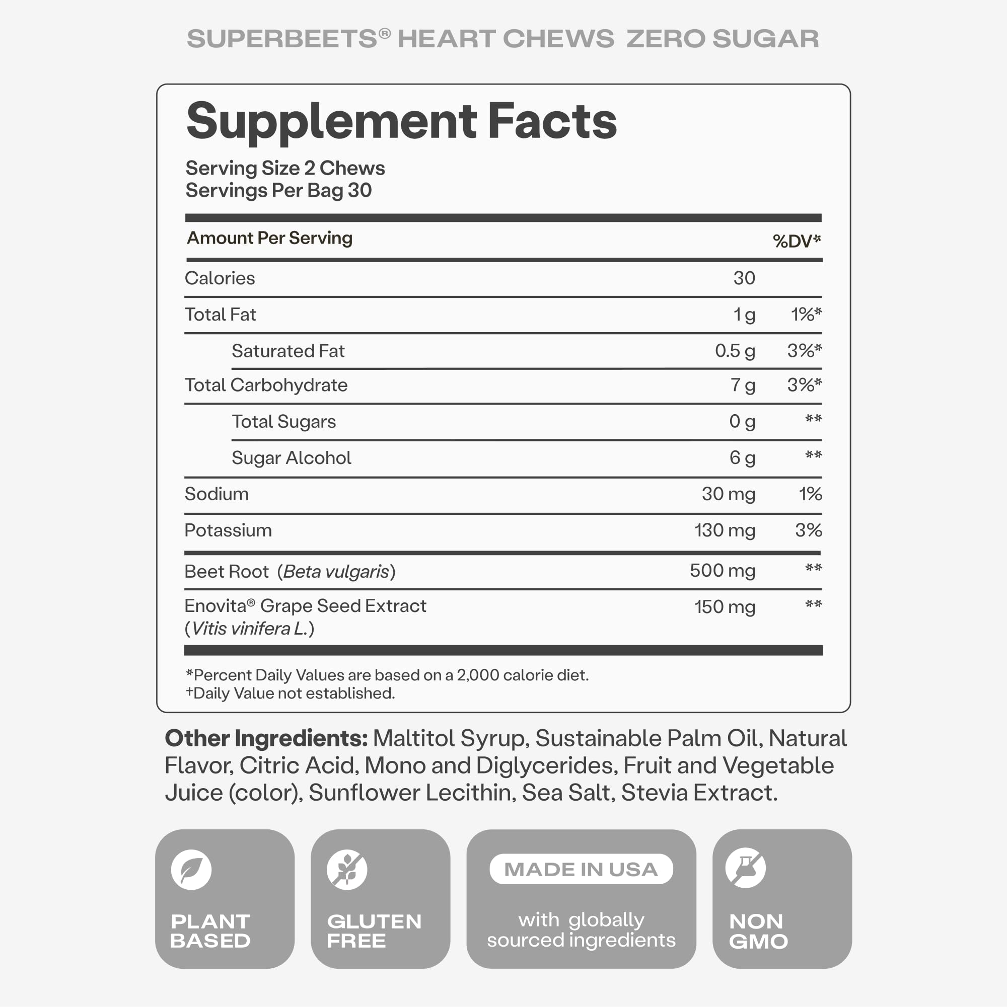 Humann SuperBeets Heart Chews non-GMO plant-based formulation for clean eating.