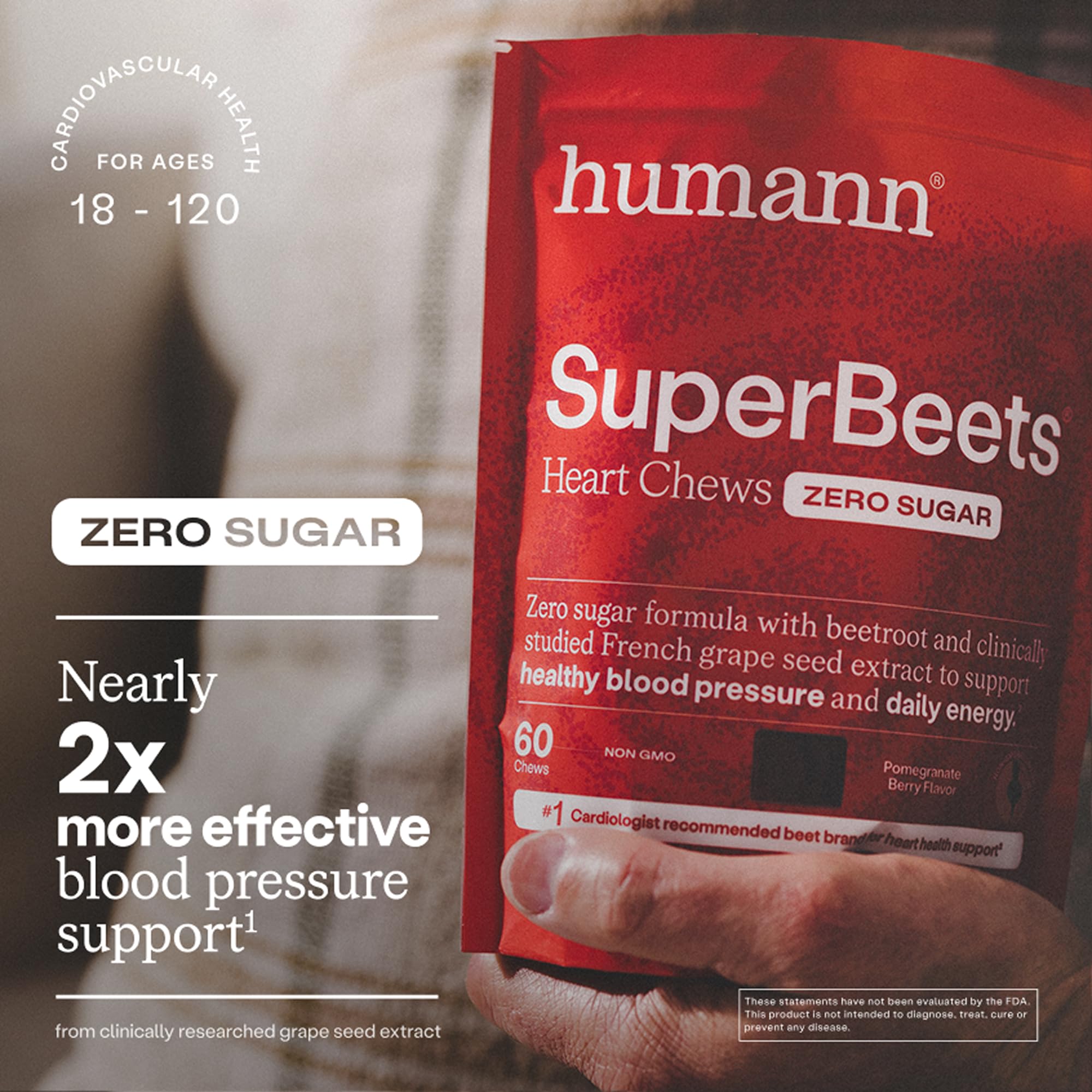 Humann SuperBeets Heart Chews zero sugar claim on packaging for a sugar-free option.