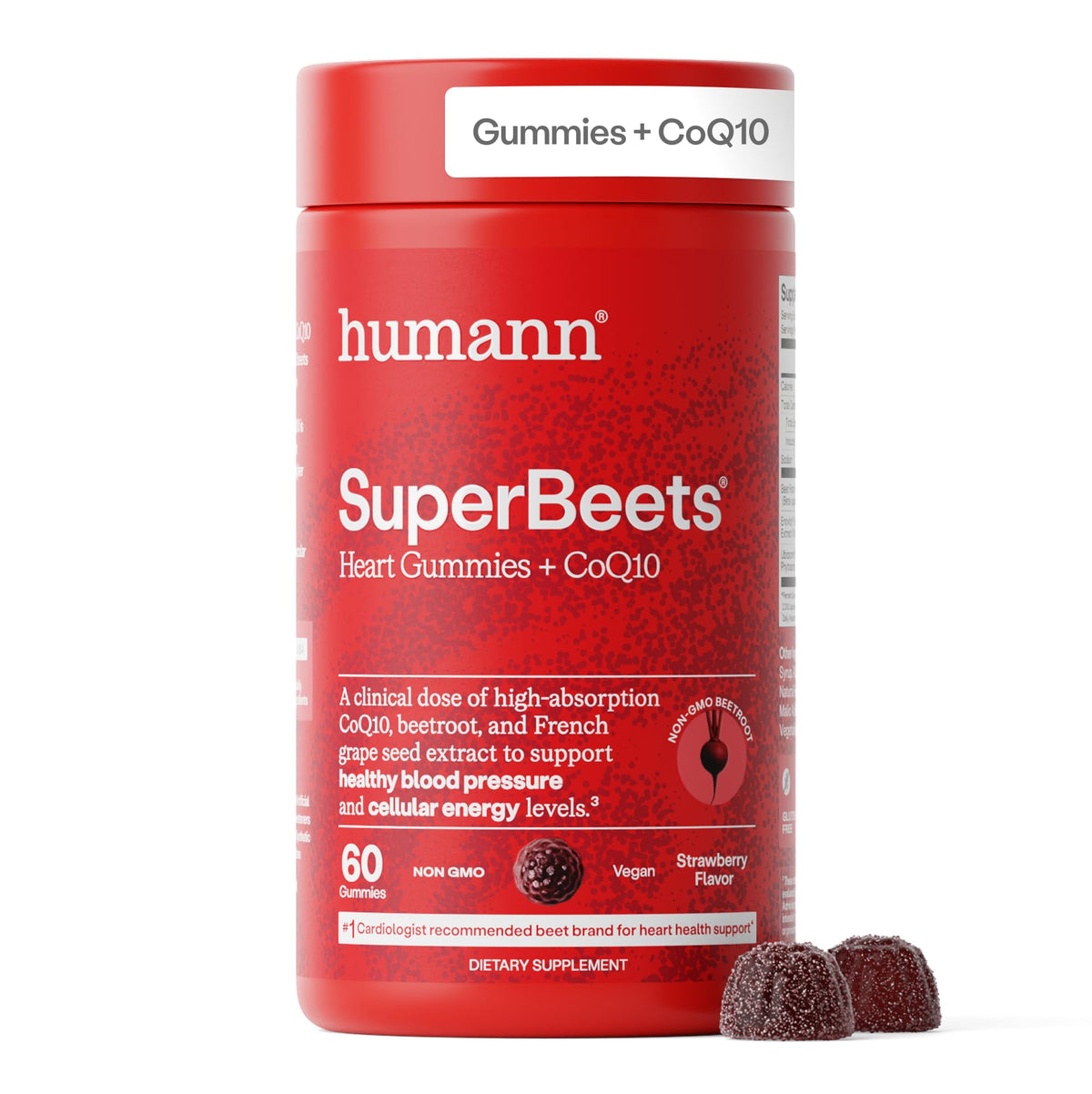 Humann SuperBeets gummies bottle support daily heart health and circulation.