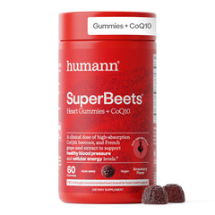 Humann SuperBeets gummies bottle support daily heart health and circulation.