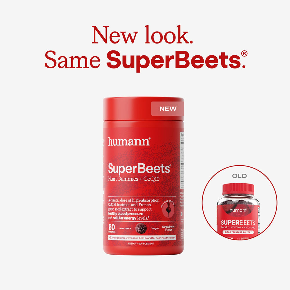 Humann SuperBeets packaging highlights CoQ10 and beetroot benefits.
