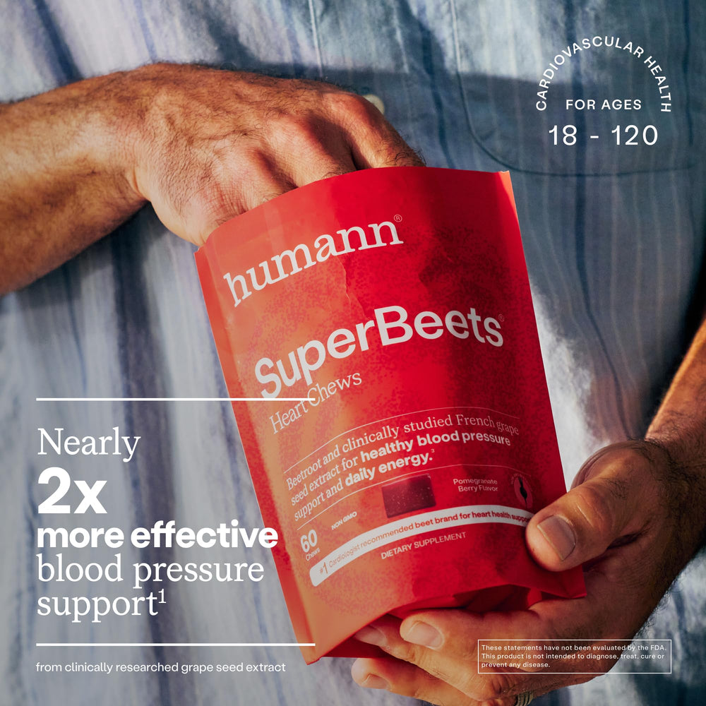 Humann SuperBeets beetroot powder ingredient close-up, emphasizing heart health potential