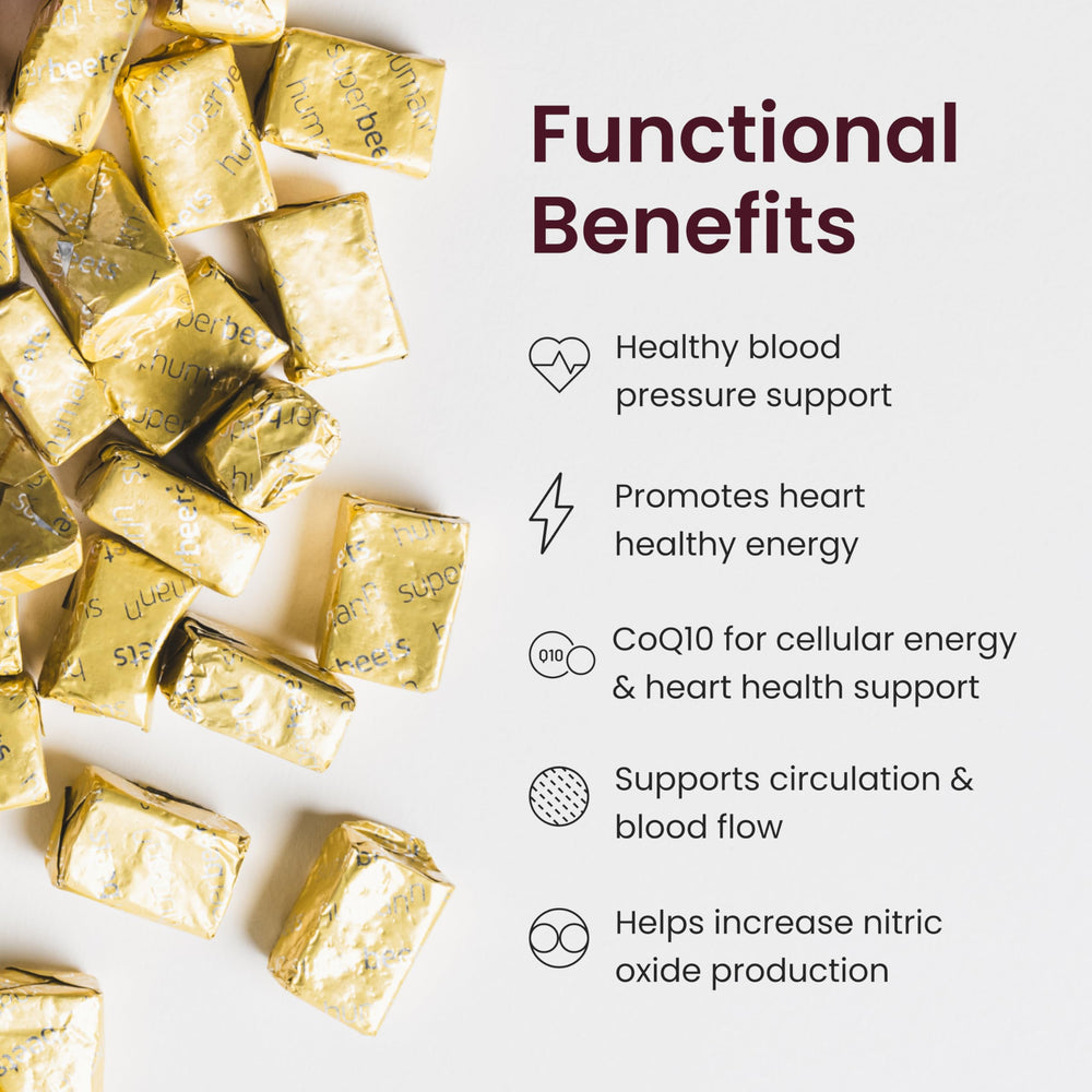 Humann SuperBeets Heart Chews beetroot graphic visualizes natural ingredients.