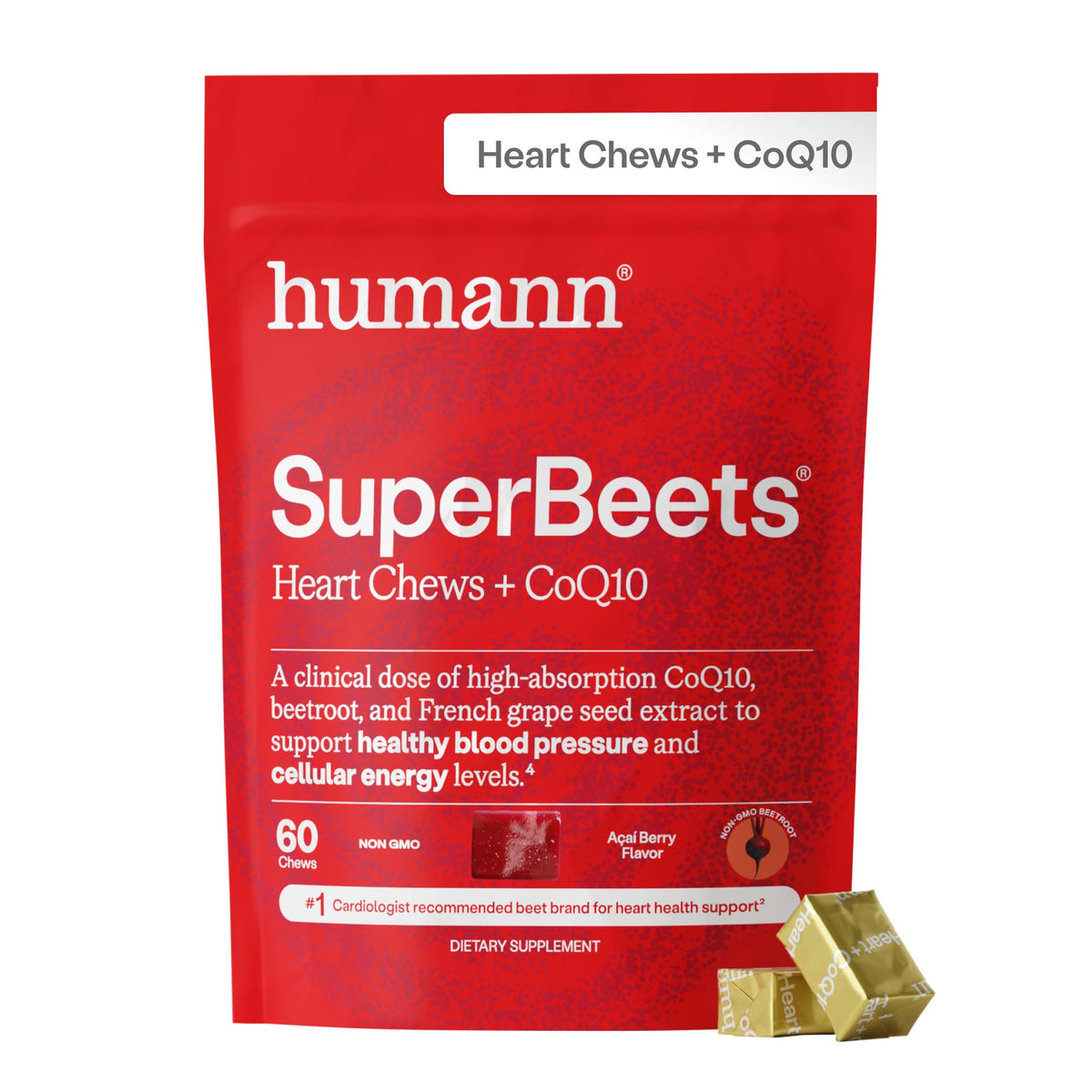 Humann SuperBeets Heart Chews bottle front showing energy-support formula.
