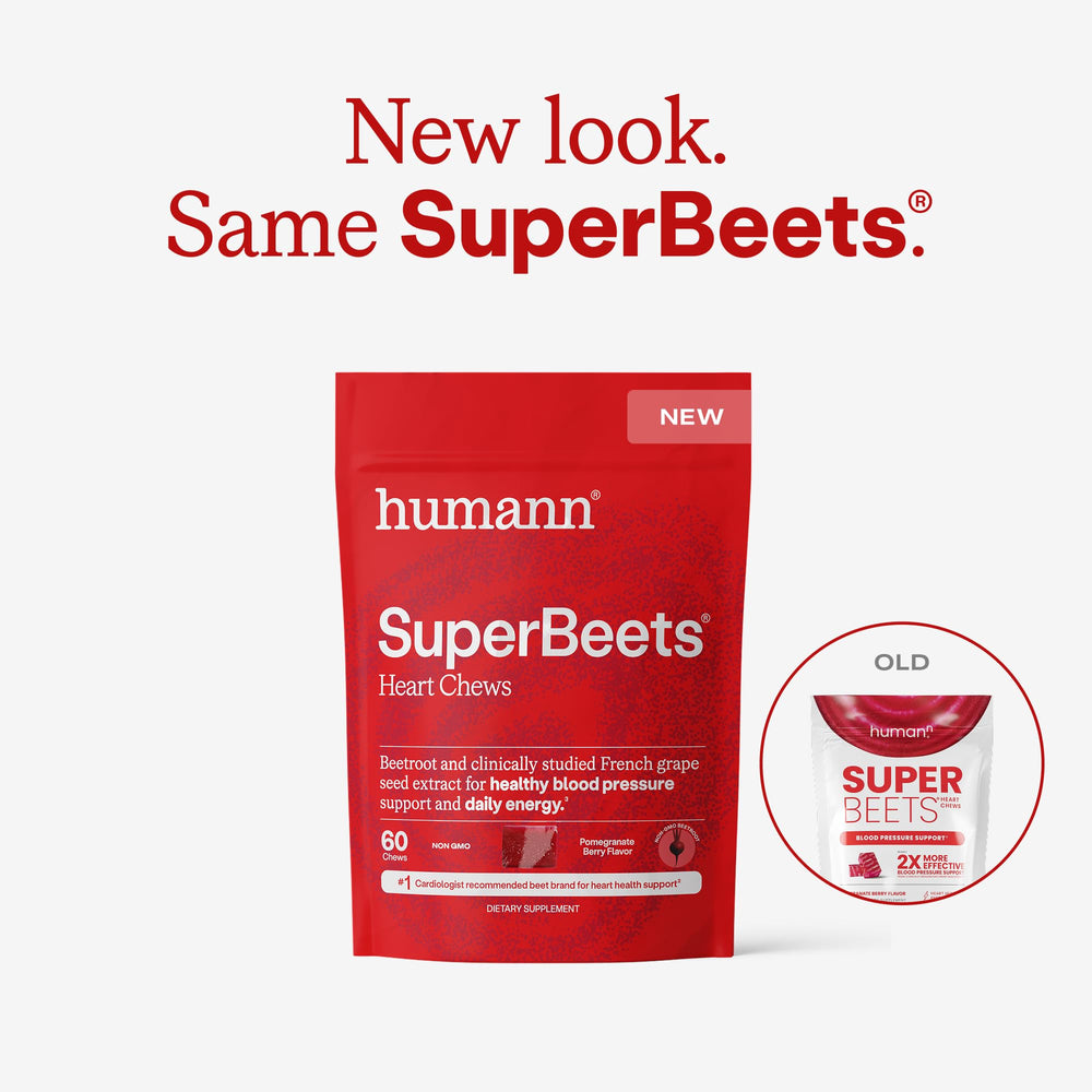 Humann SuperBeets bottle label highlights beetroot powder and grape seed extract.