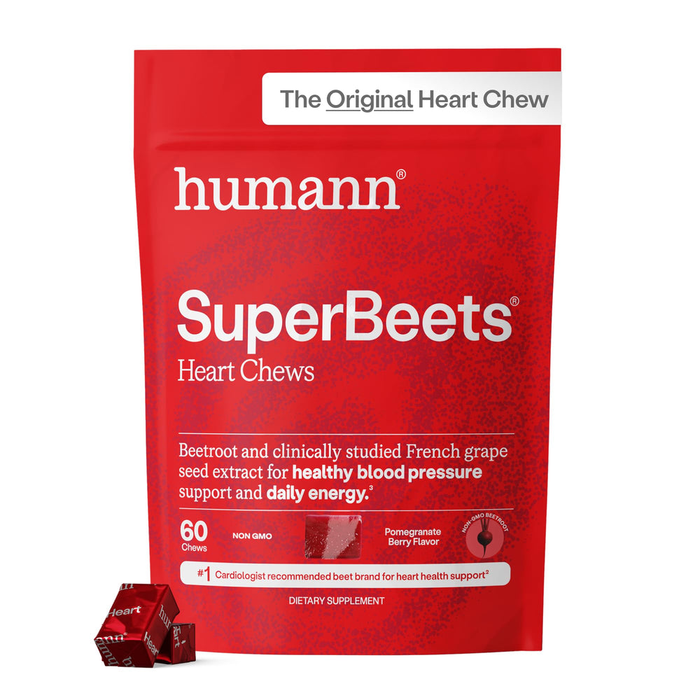 Humann SuperBeets box front showing pomegranate berry flavor for on the go heart support.