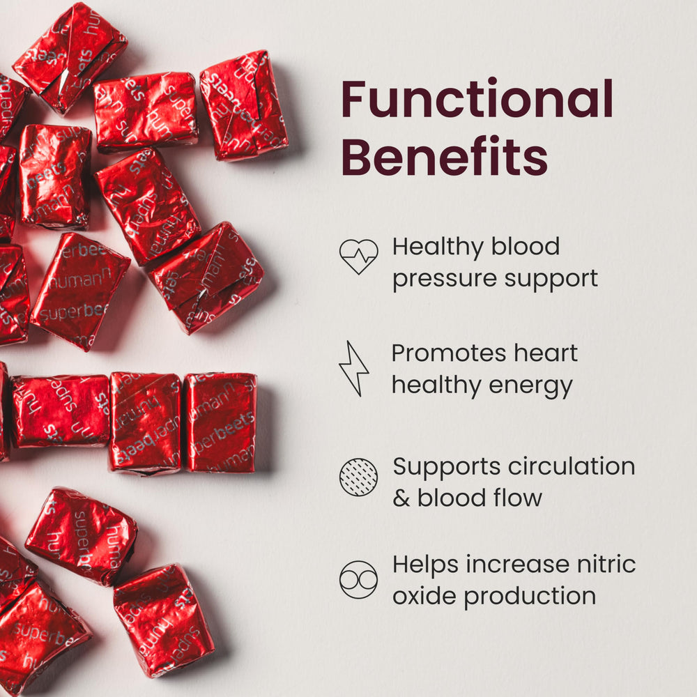 Individually wrapped Humann SuperBeets Heart Chews for convenient daily heart support