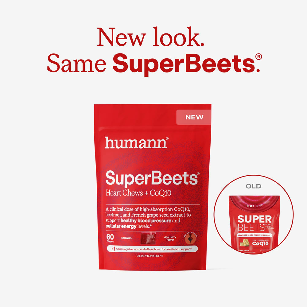 Humann SuperBeets Heart Chews label closeup highlighting CoQ10 and beetroot benefits.