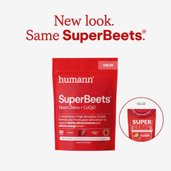 Humann SuperBeets Heart Chews label closeup highlighting CoQ10 and beetroot benefits.