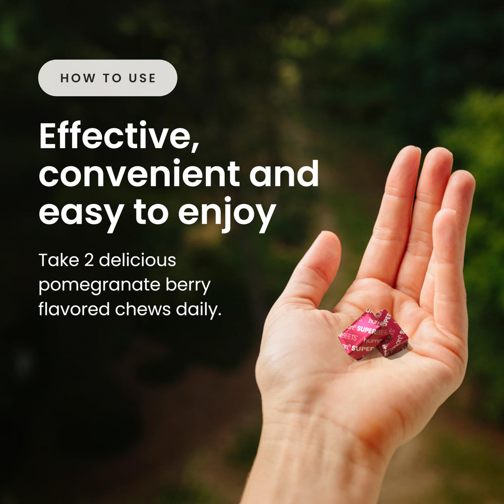 On-the-go Humann SuperBeets Heart Chews pack for busy lifestyles