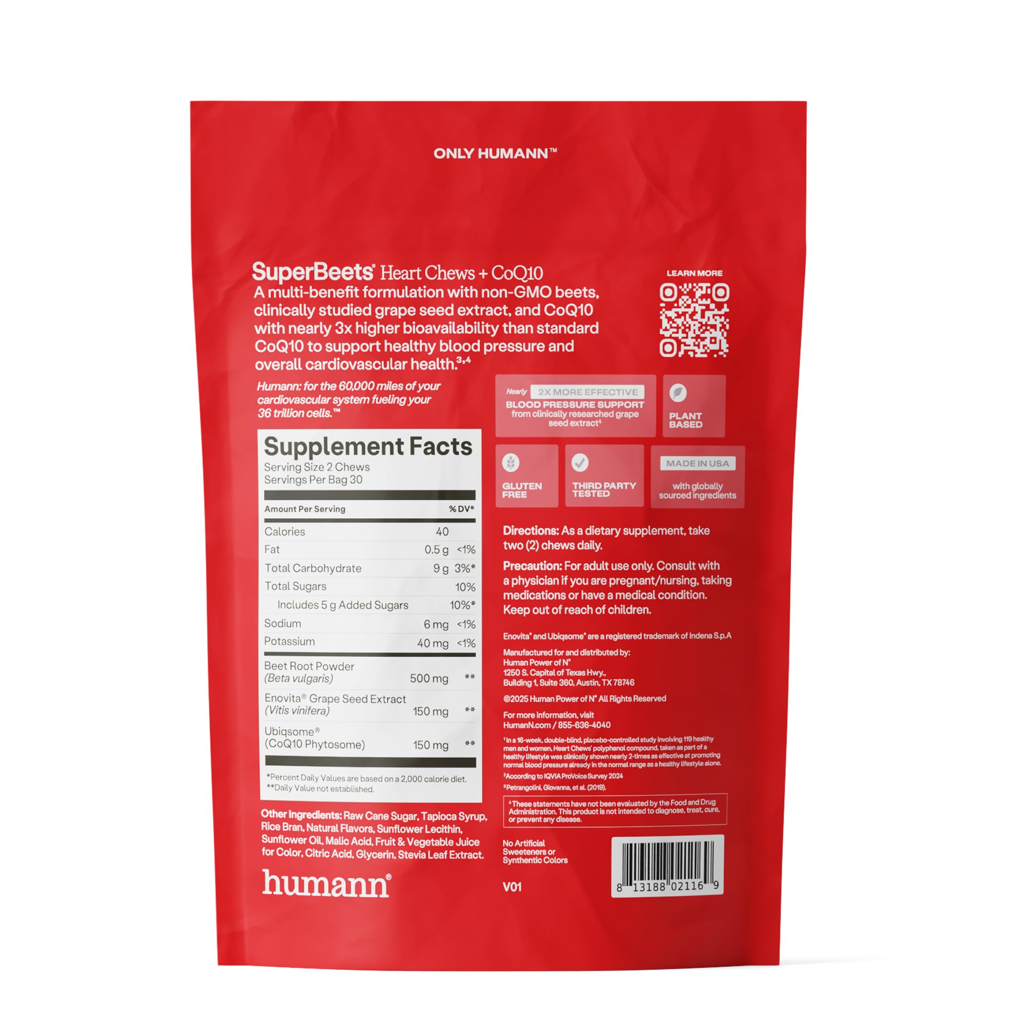 60-count bottle of Humann SuperBeets Heart Chews packaging on display.