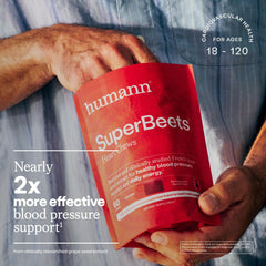 Humann SuperBeets container featuring pomegranate berry flavor close up.