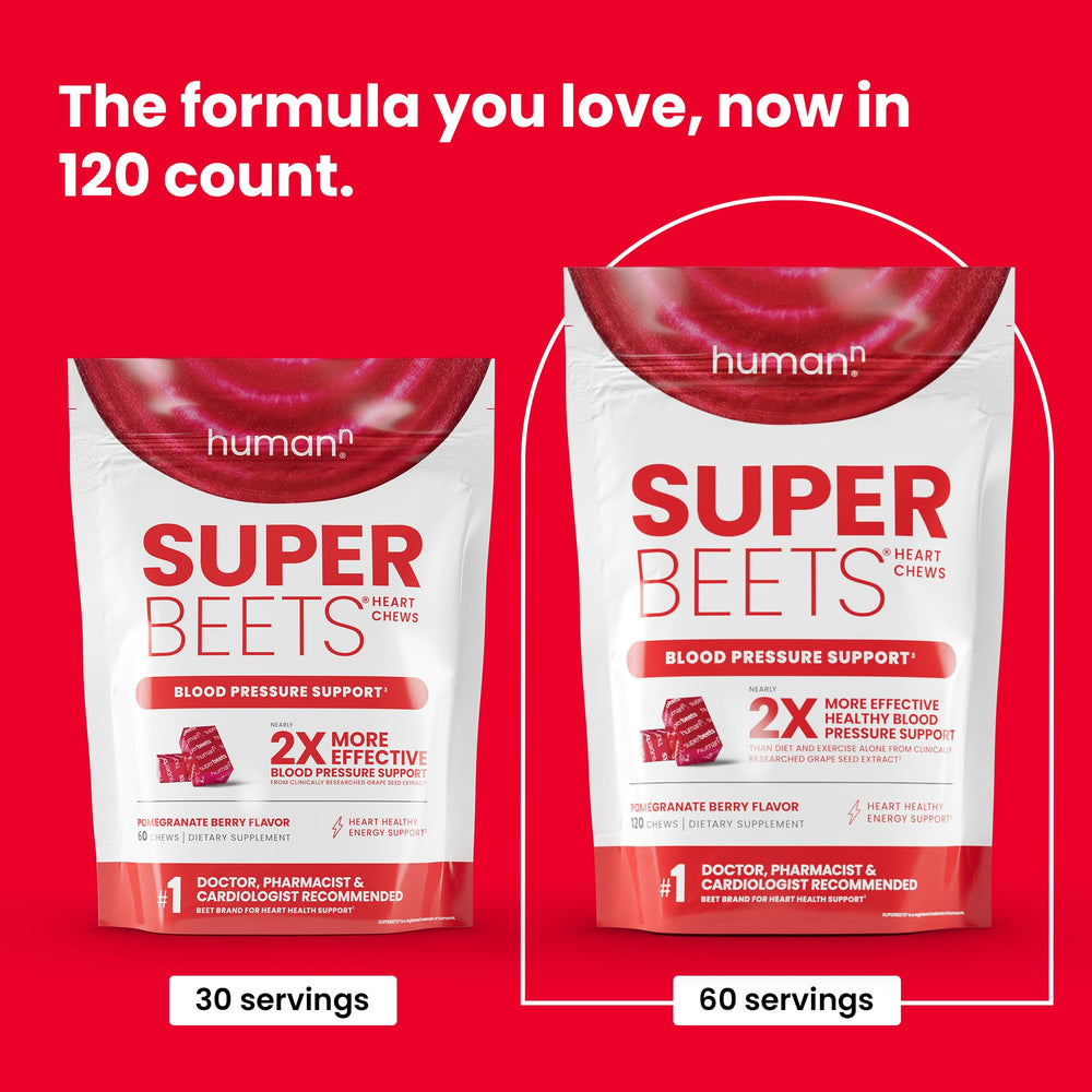 Pouring Humann SuperBeets Heart Chews to show easy chew format for daily use