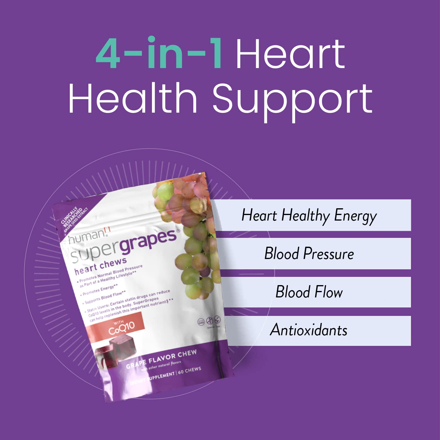 Humann SuperGrapes Chews two chews in hand for easy daily routine