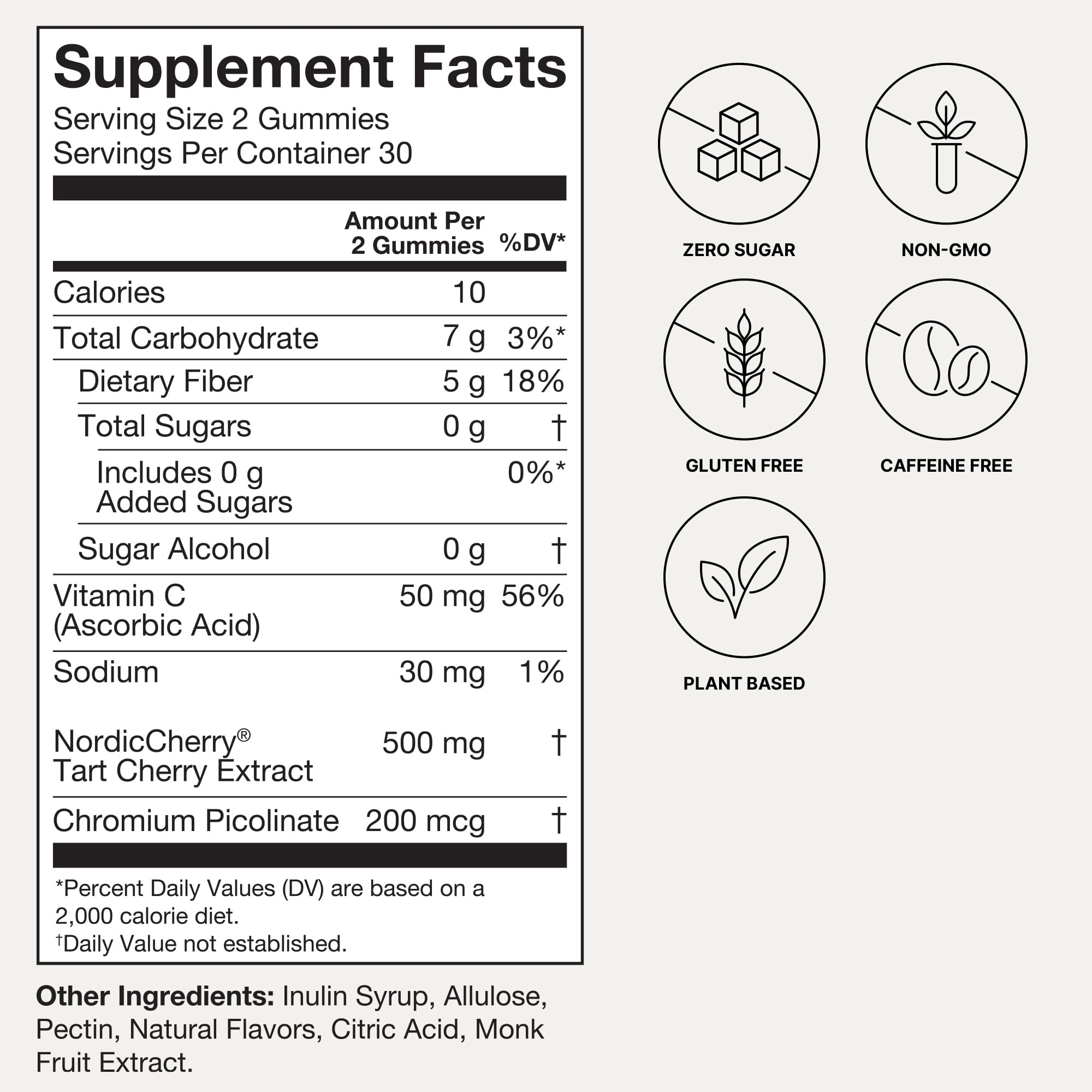 Humann Tart Cherry Gummies ingredient panel highlights vegan, non-GMO, sugar-free formula.