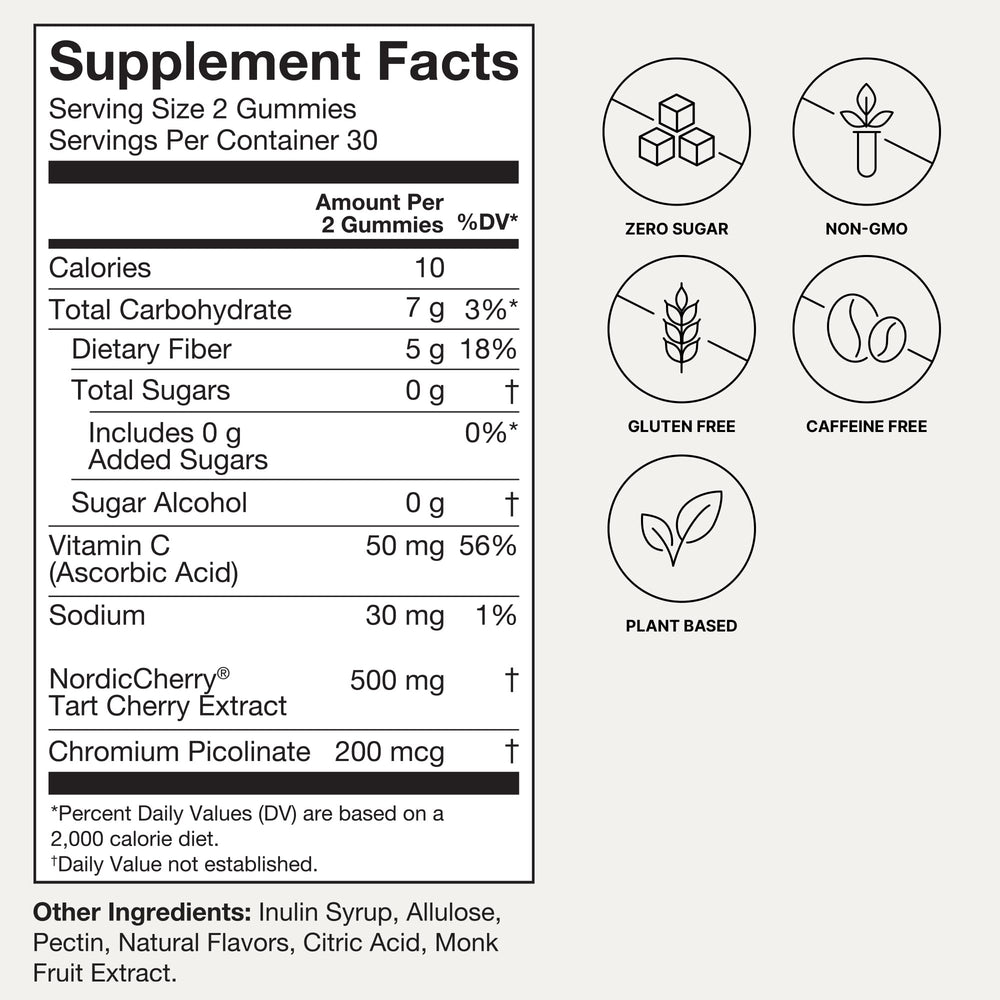 Humann Tart Cherry Gummies ingredient panel highlights vegan, non-GMO, sugar-free formula.