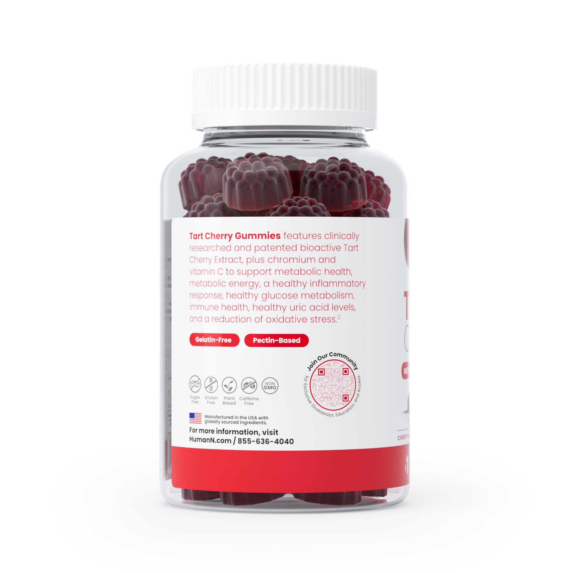 Humann Tart Cherry Gummies on a table with vitamin C and chromium symbols for added nutrients.