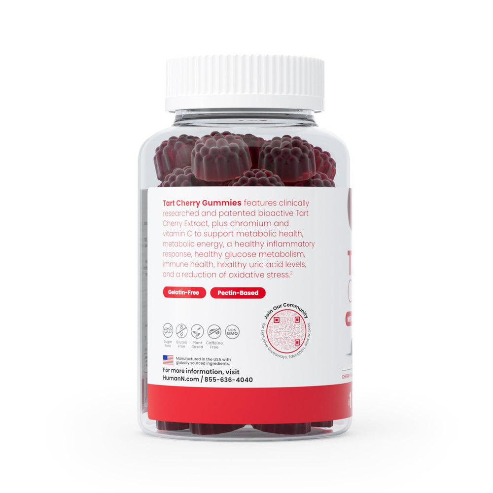 Humann Tart Cherry Gummies on a table with vitamin C and chromium symbols for added nutrients.