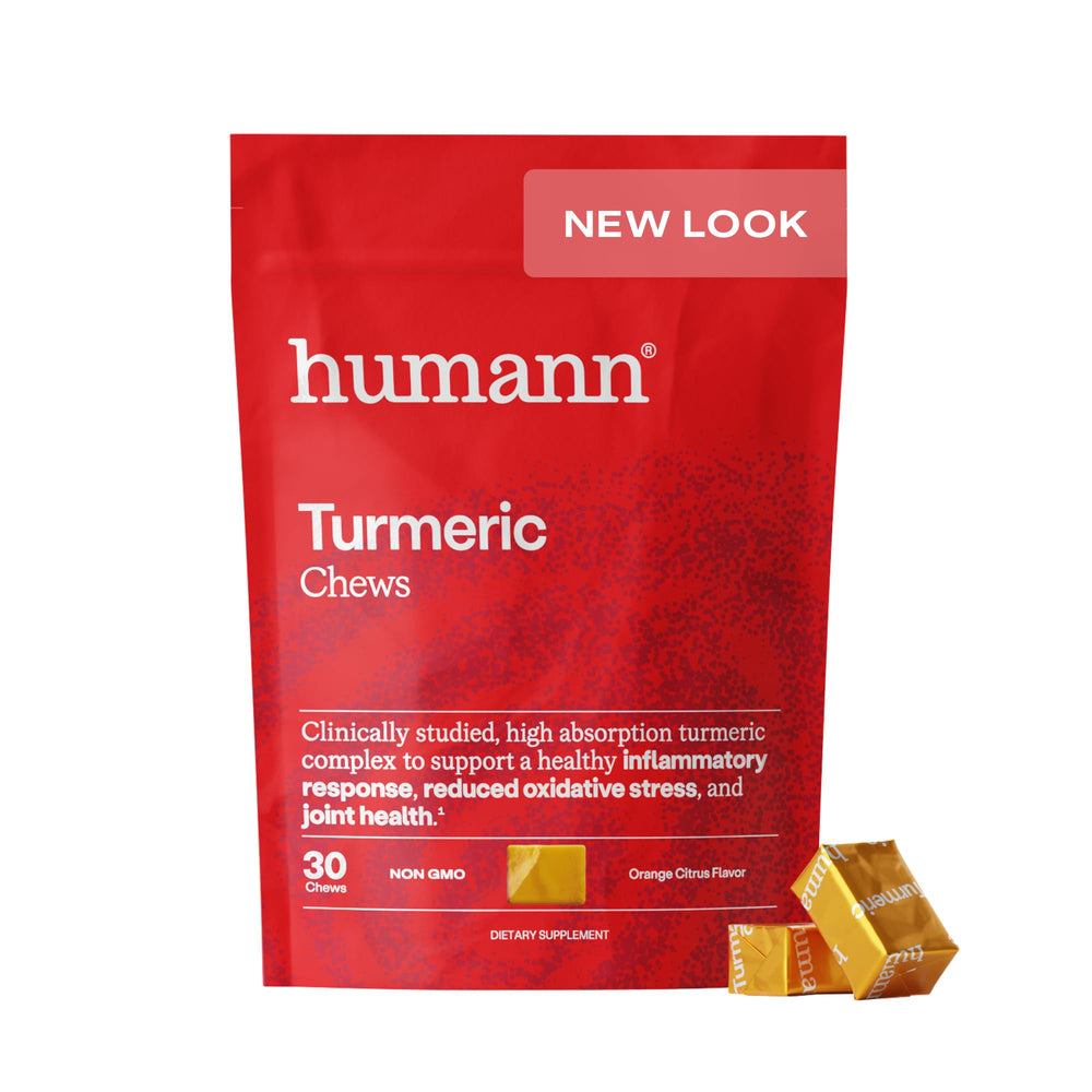 Humann Turmeric Chews bottle front shows orange citrus flavor for daily antioxidant support.