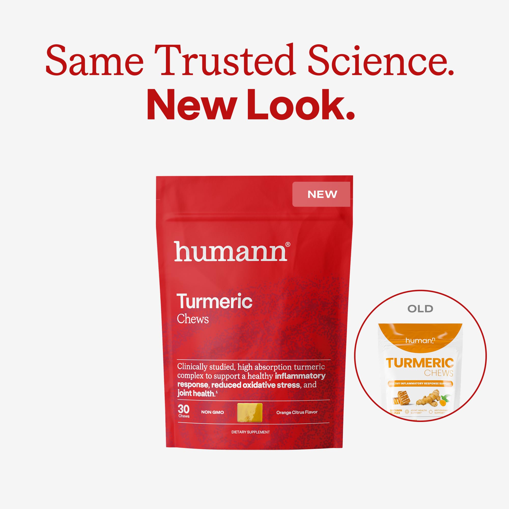 Humann Turmeric Chews bottle side reveals 30-count packaging for easy daily use.
