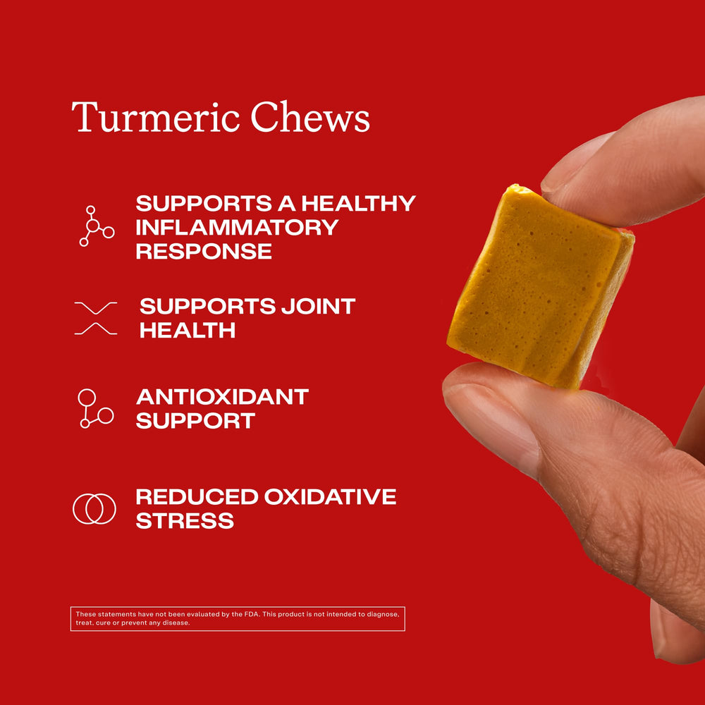 Close-up of Humann Turmeric Chew reveals bright orange citrus flavor and chewy texture.