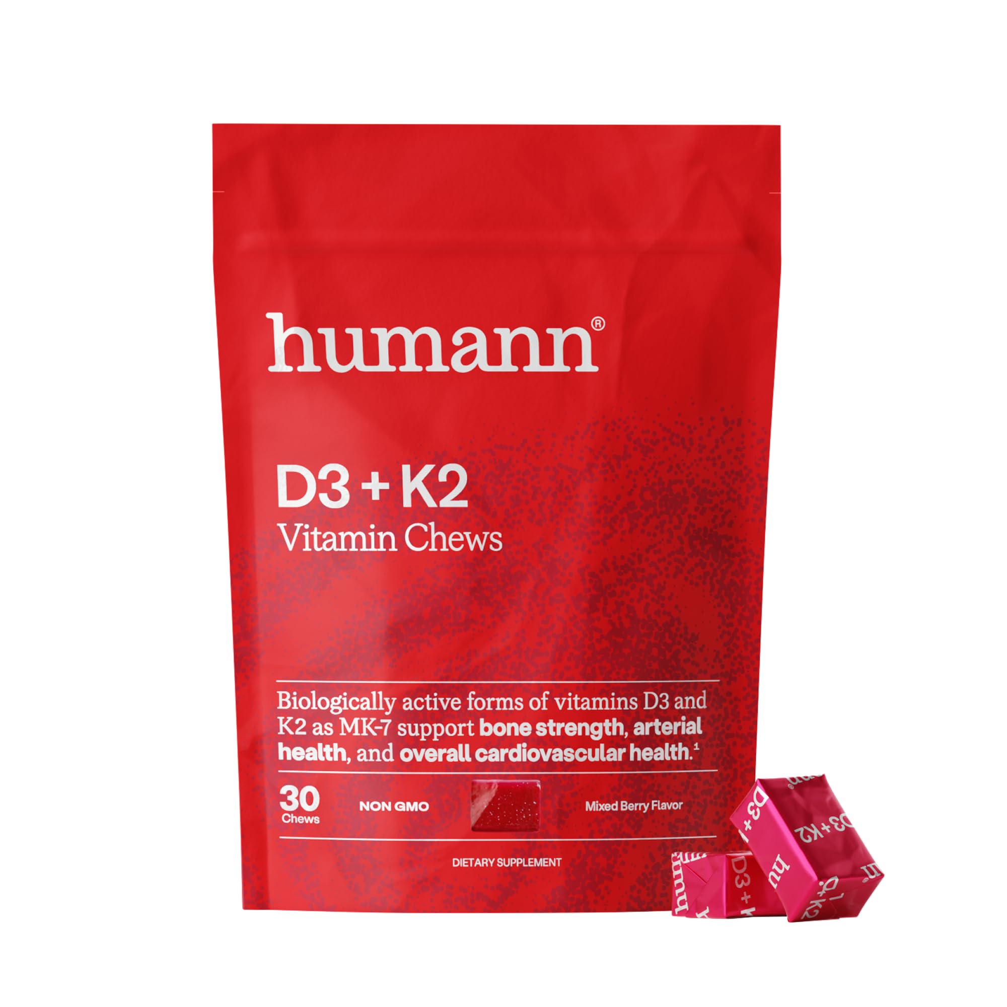 Humann Vitamin D3 + K2 Chews bottle front showing mixed berry flavor for daily immune support.