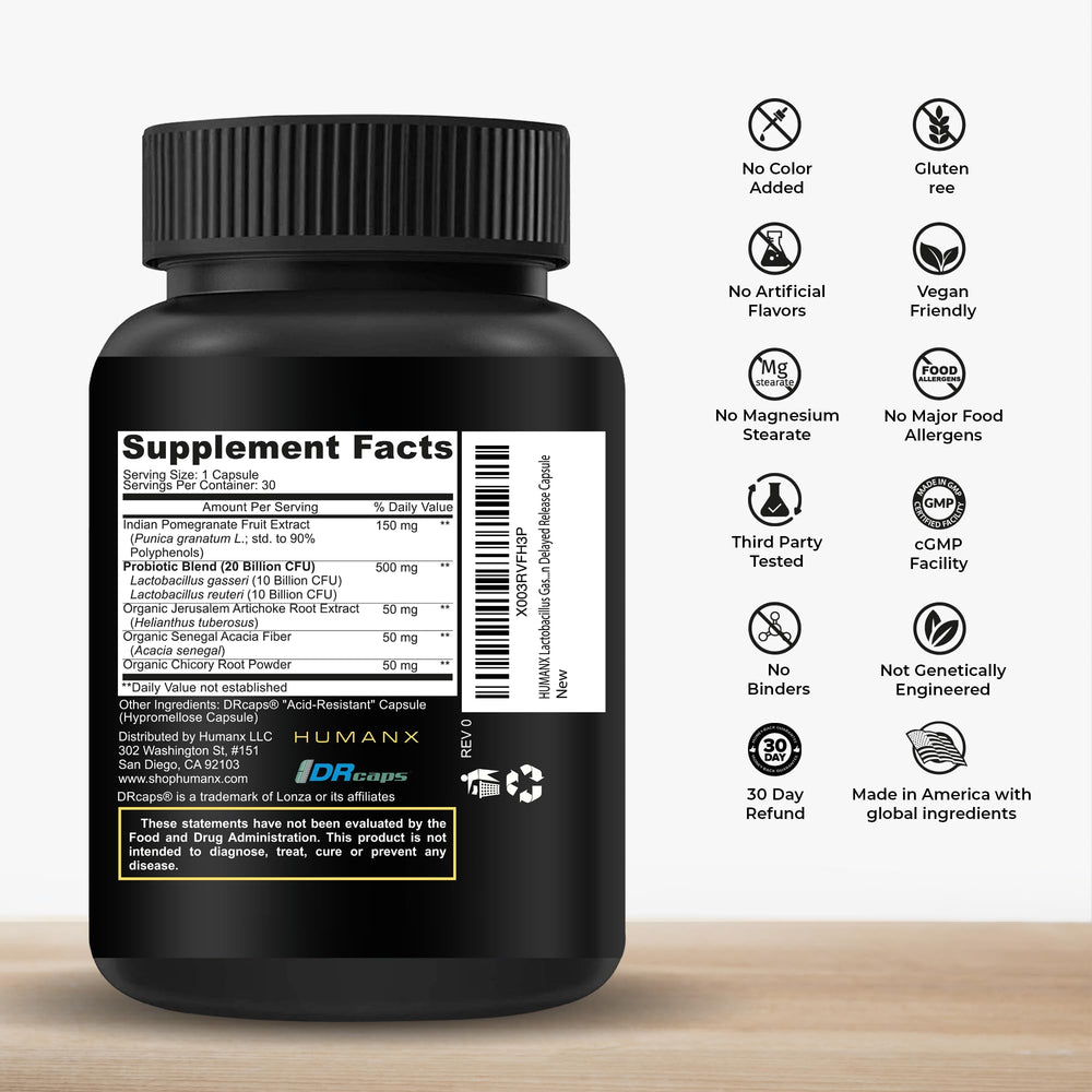HUMANX organic prebiotics and Punicaligans fuel probiotic activity.