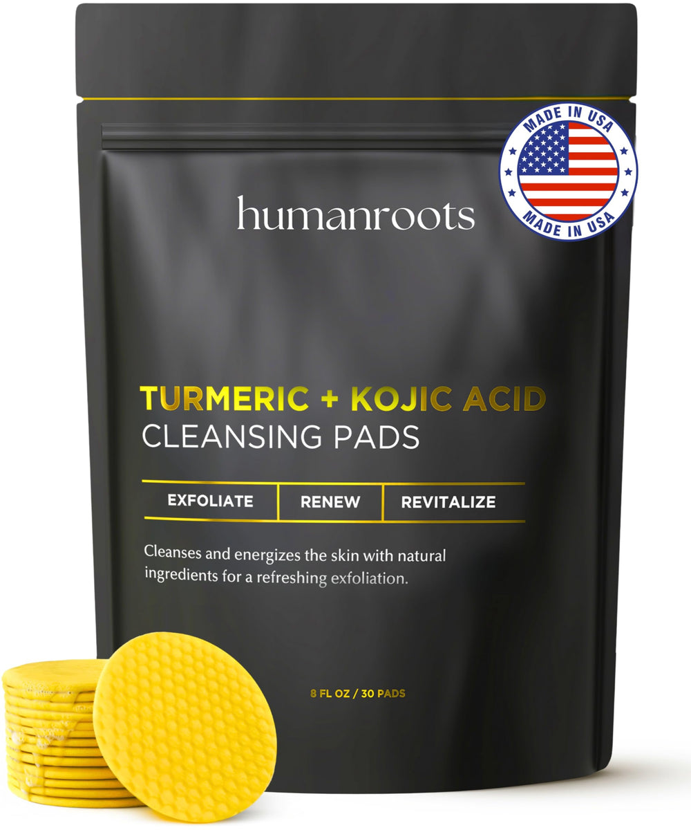 Humanroots Turmeric Kojic Acid Cleansing Pads pack shown for daily exfoliation and deep cleansing.