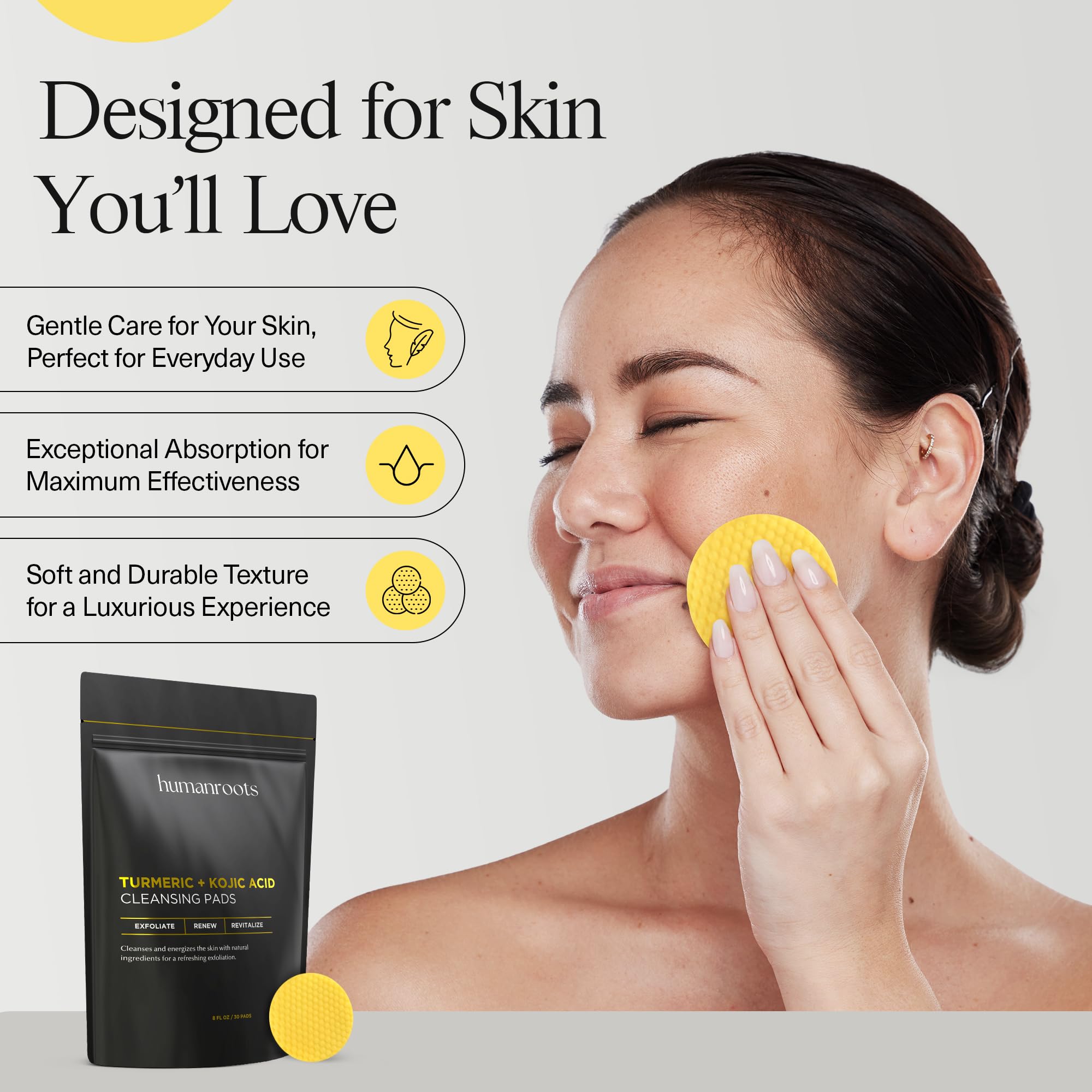 Ingredient panel highlights turmeric, kojic acid, vitamin C, and green tea extract.