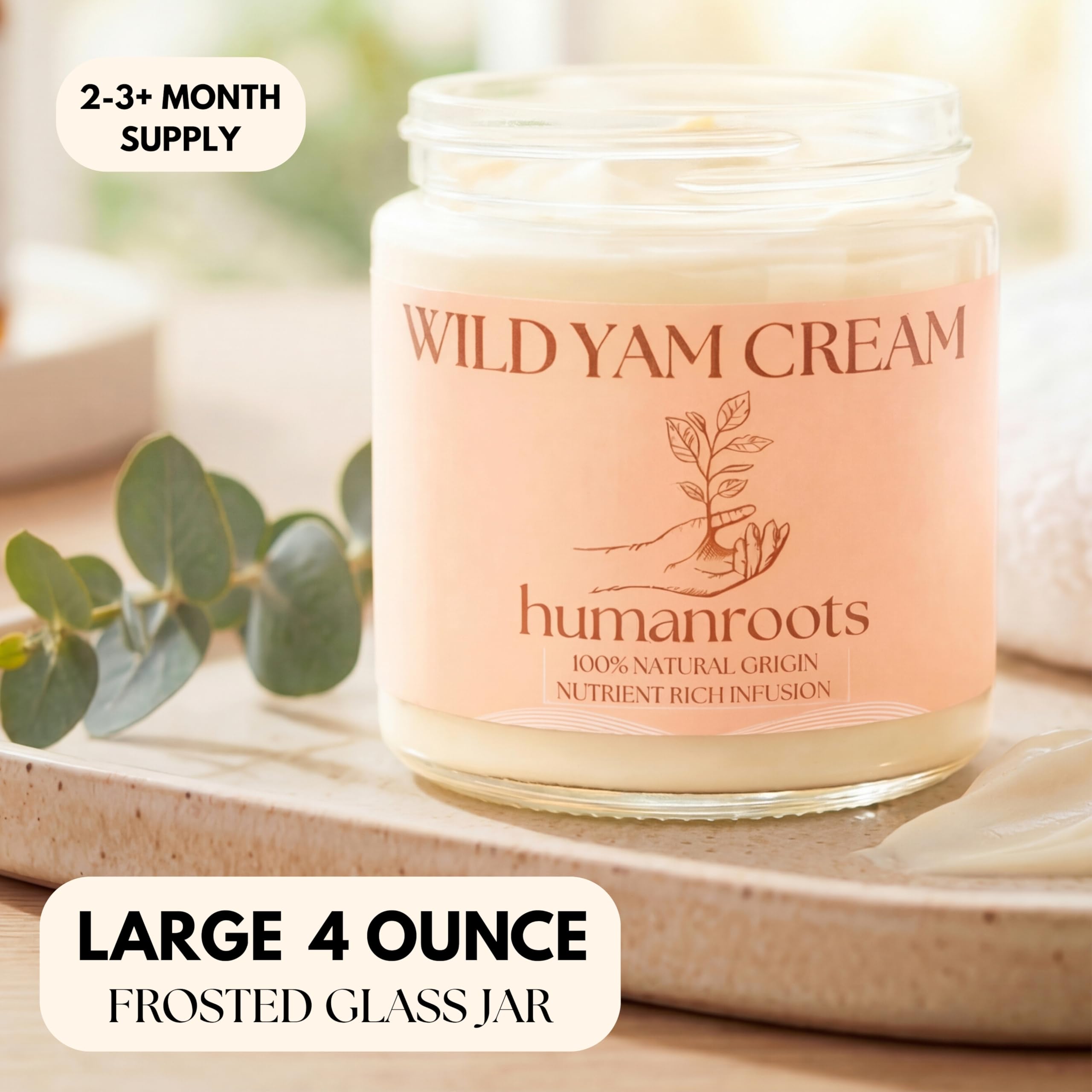 Humanroots Wild Yam Cream bottle label shows organic ingredients for daily balance