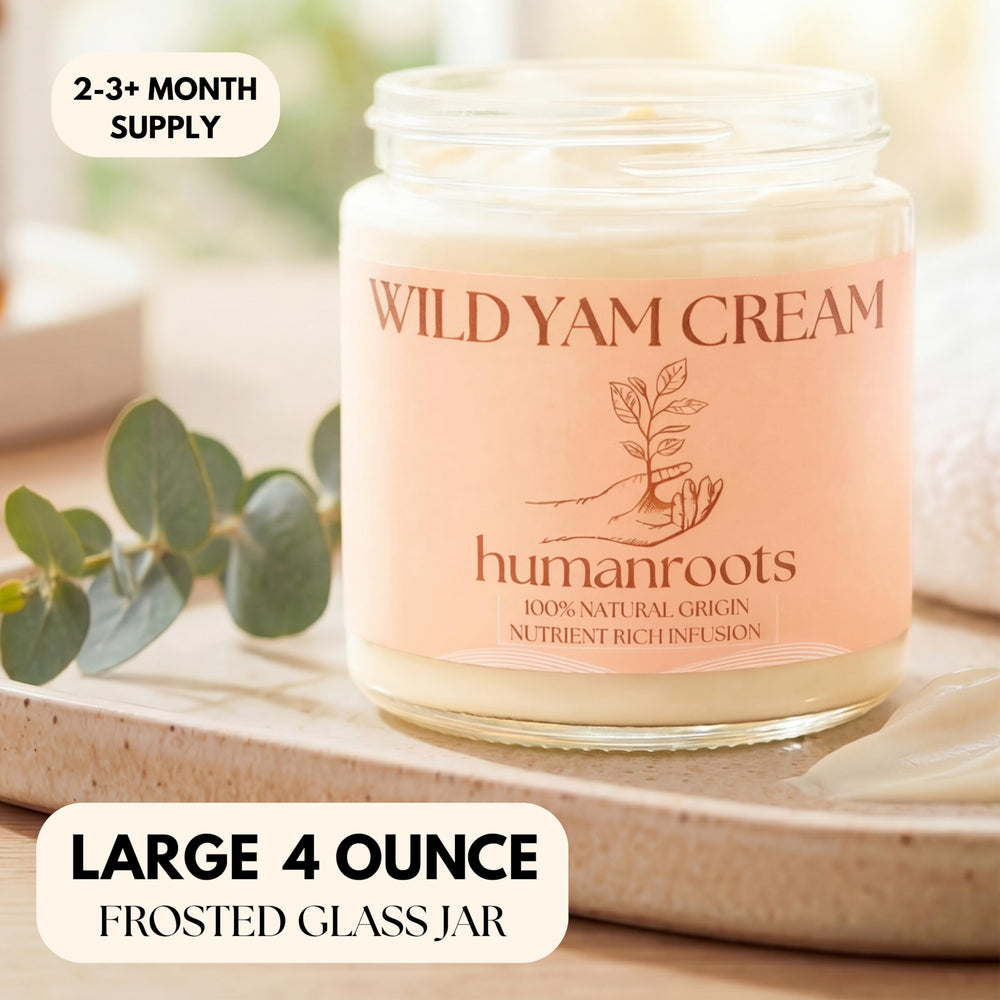 Humanroots Wild Yam Cream bottle label shows organic ingredients for daily balance