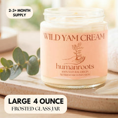 Humanroots Wild Yam Cream bottle label shows organic ingredients for daily balance