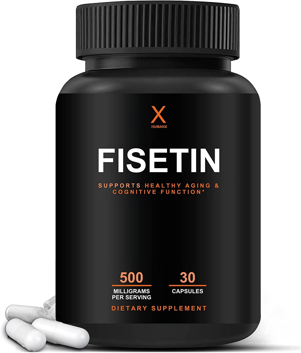 HUMANX Fisetin 500mg bottle on desk for daily cellular support.