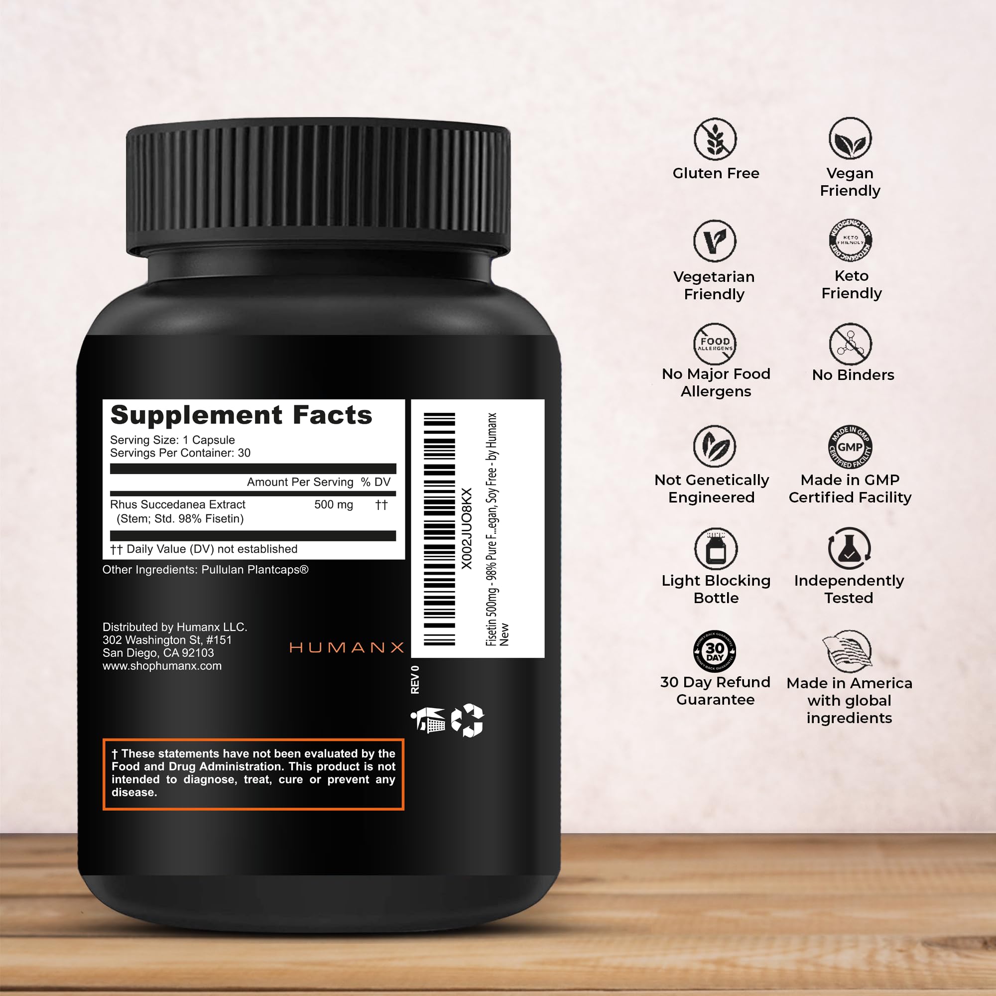 HUMANX Fisetin capsules in blister pack for aging and cognitive support.