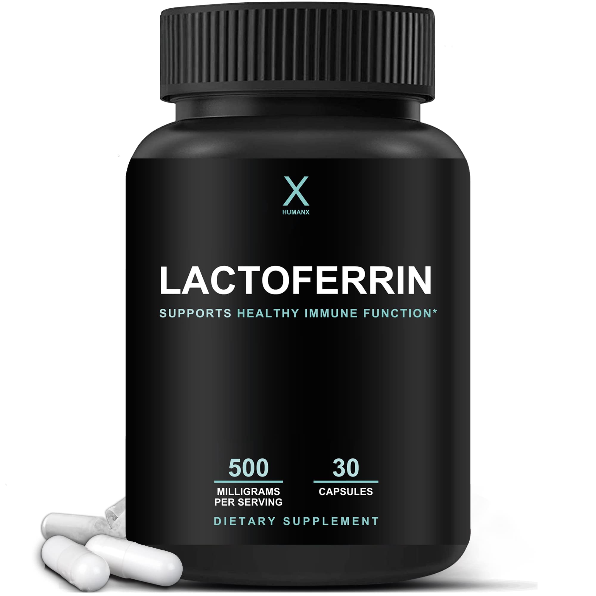 HUMANX Lactoferrin 500mg bottle label highlighting immune support potential