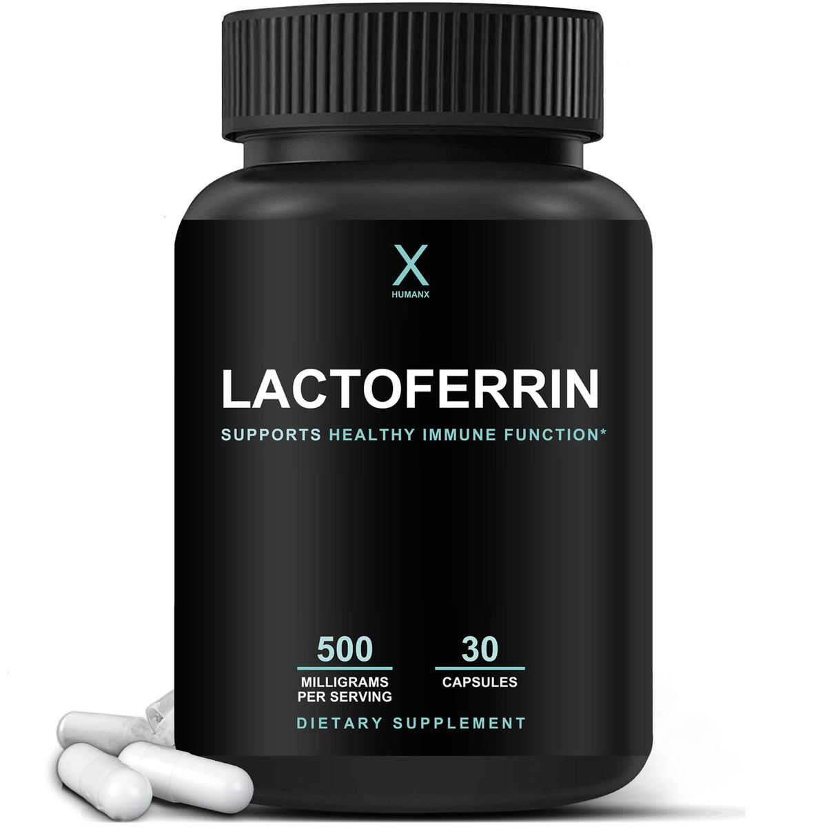 HUMANX Lactoferrin 500mg bottle label highlighting immune support potential