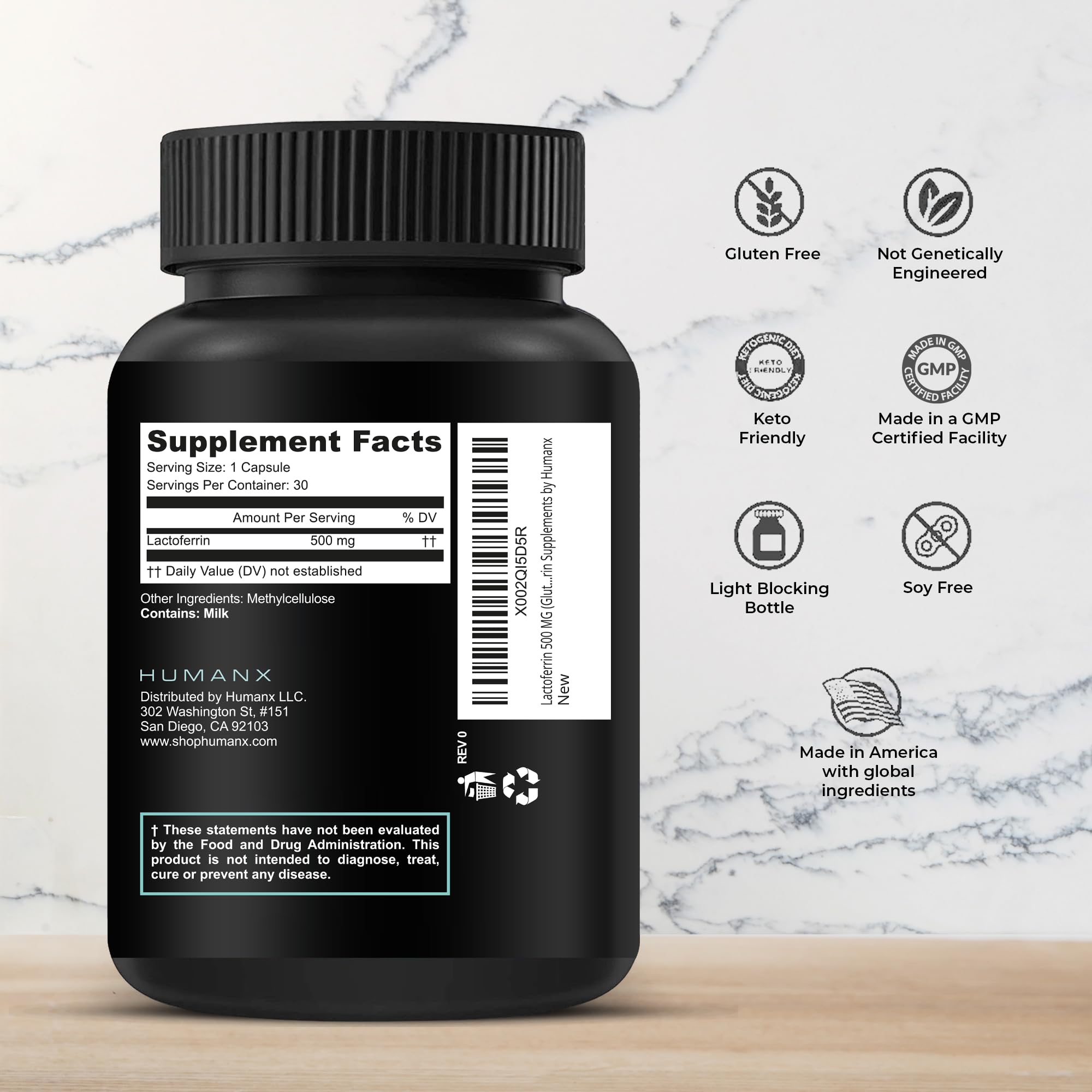 HUMANX Lactoferrin 500mg capsules for iron utilization in the gut