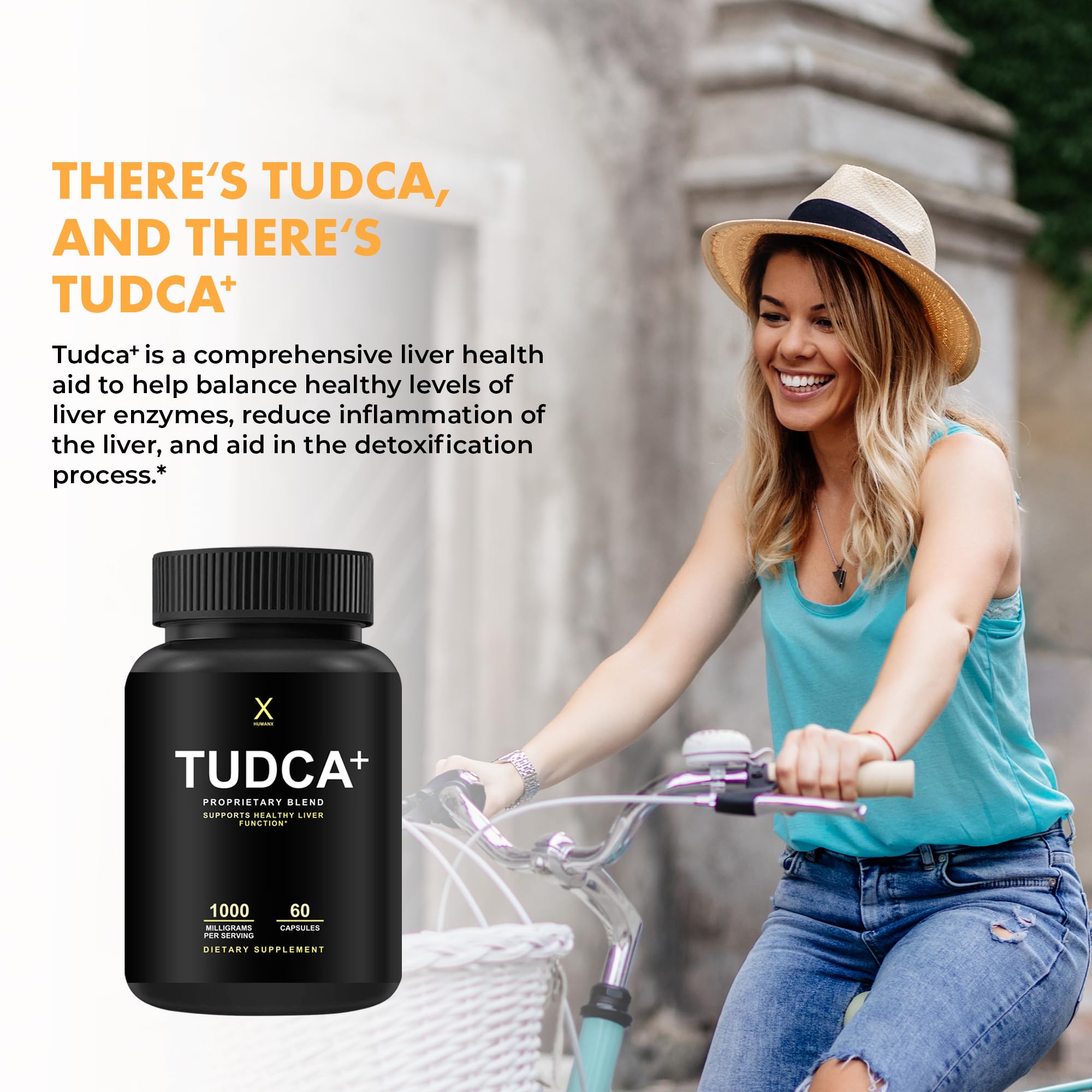HUMANX TUDCA+ bottle close-up label offers clear dosage and easy daily use.