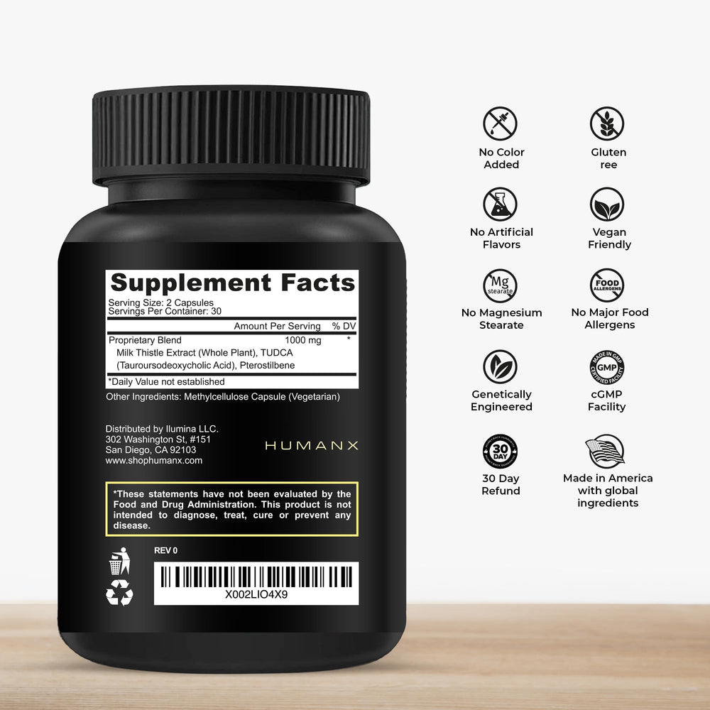 HUMANX TUDCA+ milk thistle capsules highlight antioxidant support for liver-friendly routines.