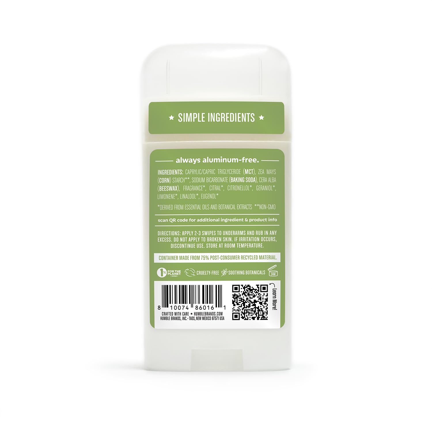Aluminum-free formula on Humble deodorant emphasizes simple, clean ingredients.