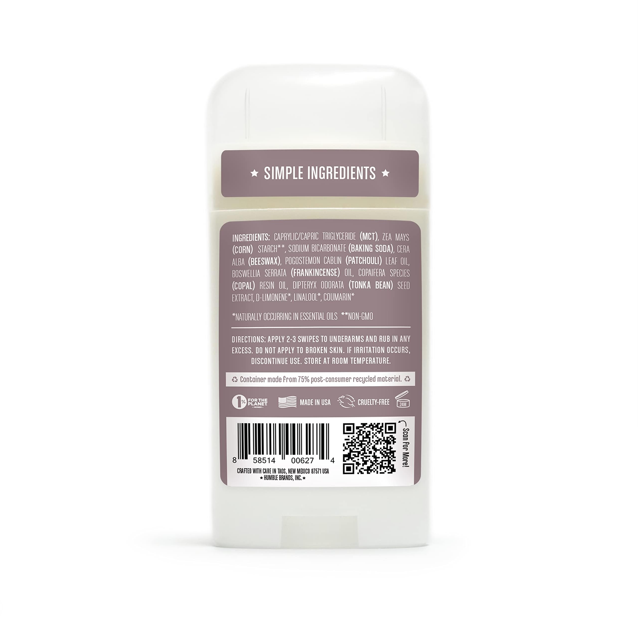 HUMBLE BRANDS Patchouli Copal Frankincense deodorant cap removed, easy application on skin.
