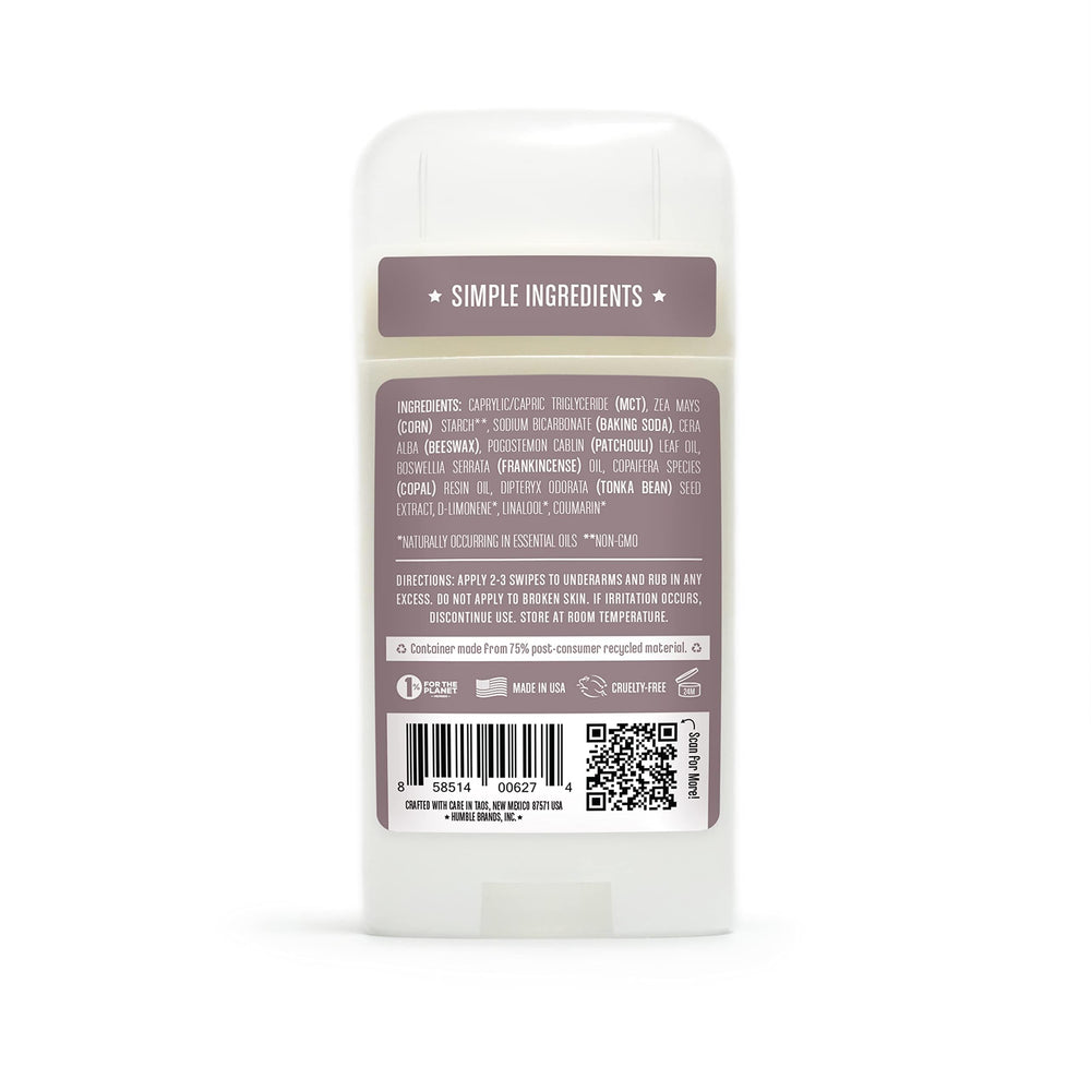 HUMBLE BRANDS Patchouli Copal Frankincense deodorant cap removed, easy application on skin.