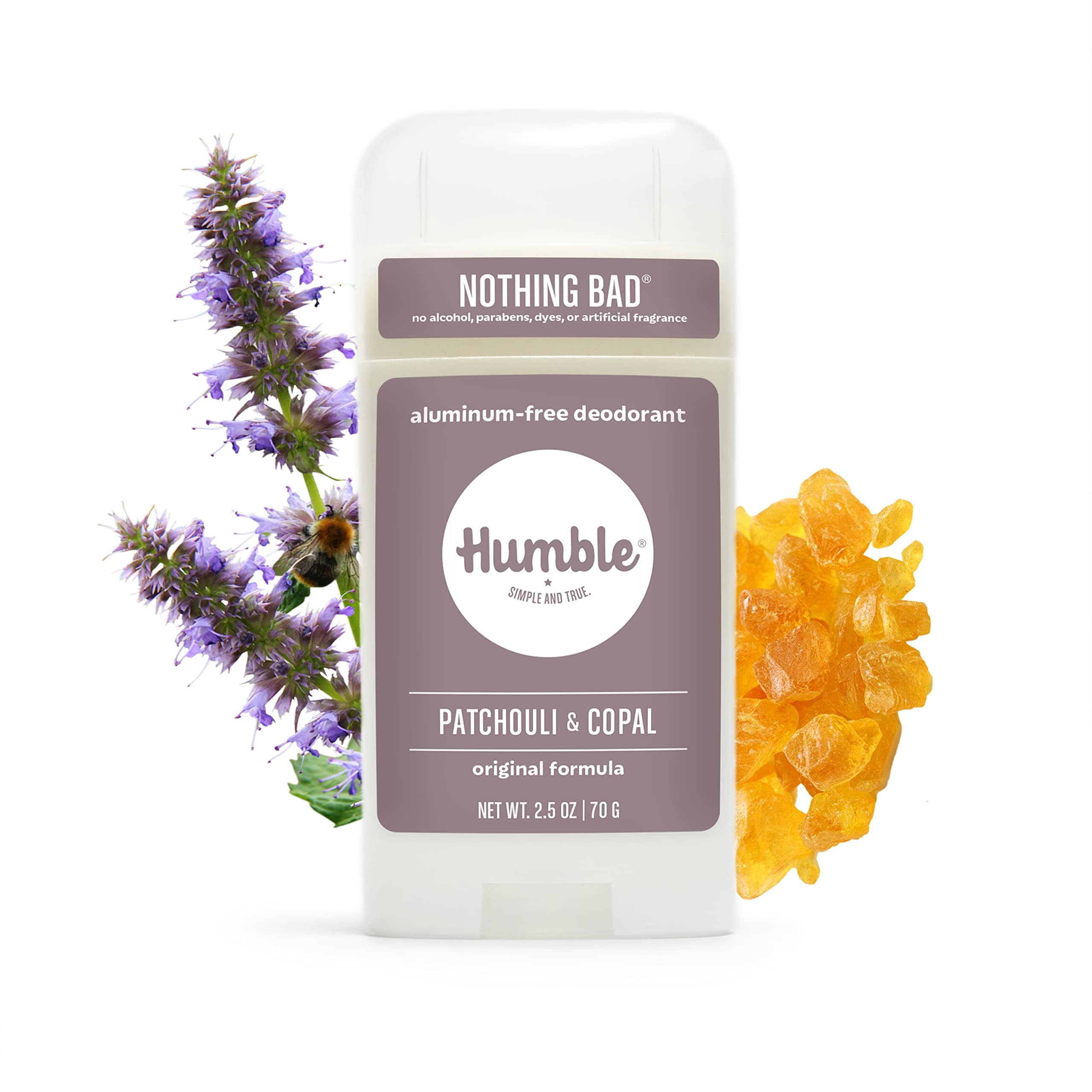 HUMBLE BRANDS Patchouli Copal Frankincense deodorant tube standing upright for convenient daily use.